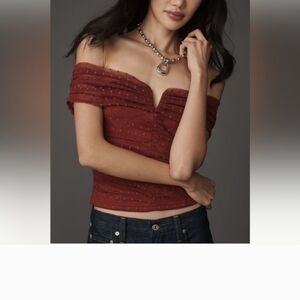 Anthropologie Dolan Mesh Off-Shoulder Polka Dot Top Burgundy L NWT